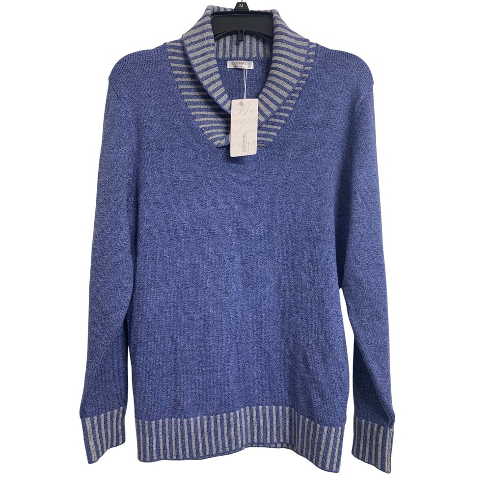 NWT Coofandy Shawl Collar Sweater Blue Marl Striped Trim Pullover Size M
